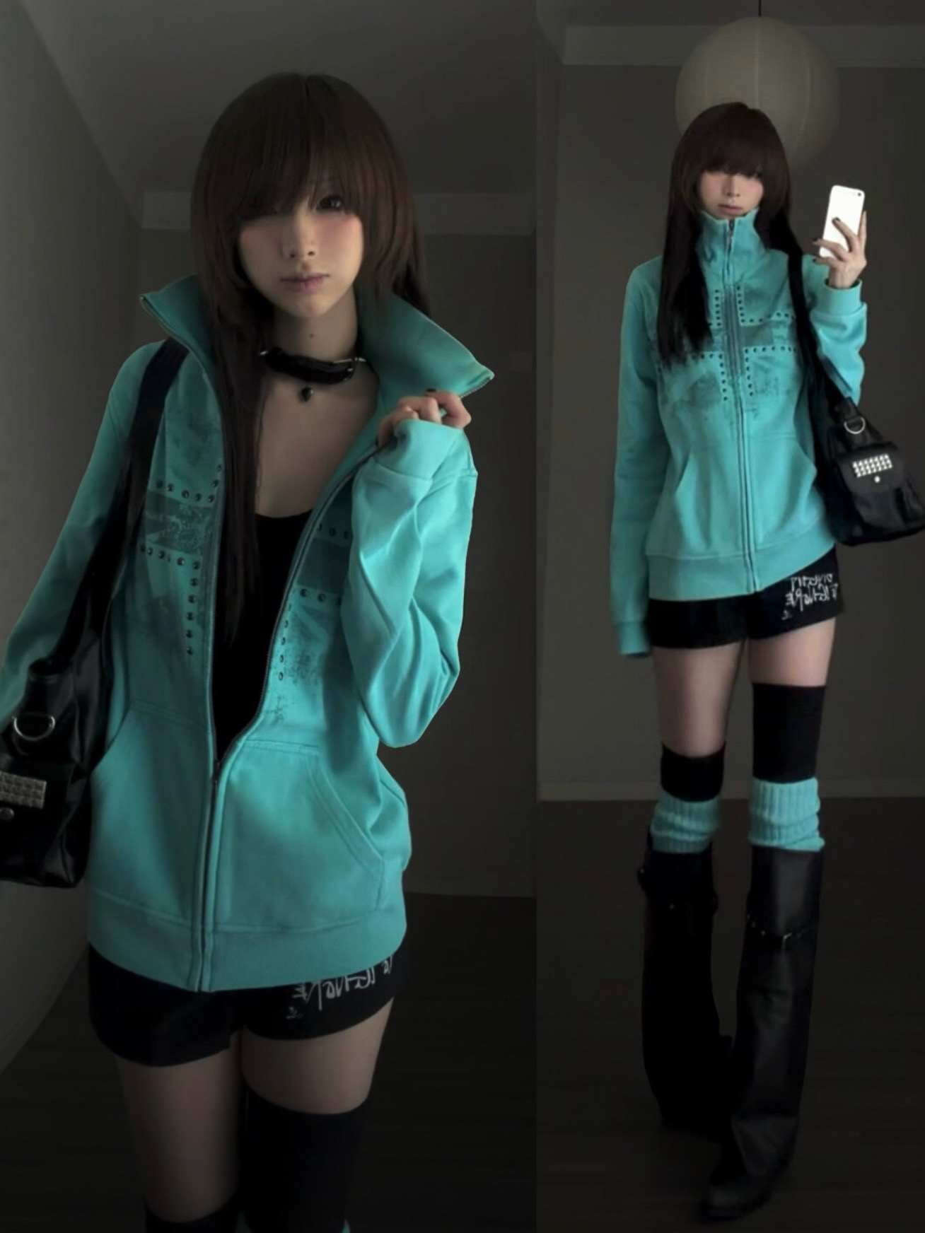 Vintage Windbreaker Nylon - هودي نسائي فضفاض بلون أخضر نعناعي